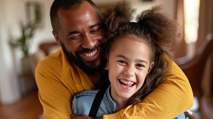 portrait of caring father embracing happy girl