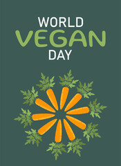 World vegan day poster. Globe with vegetables. Healthy lifestyle and eating with vitamins. Carrot in circle. Social media cover. Balanced nutrition. Cartoon flat vector illustration