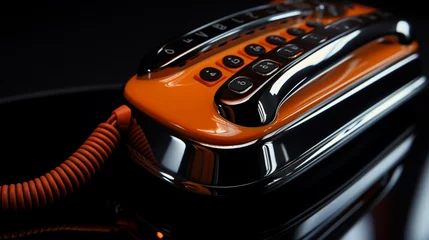 Fotobehang A close-up shot of an orange retro phone receiver on a sleek, reflective surface. © Azeem