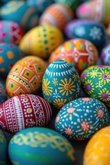Fototapeta na wymiar Close-up of Easter eggs with intricate, colorful patterns