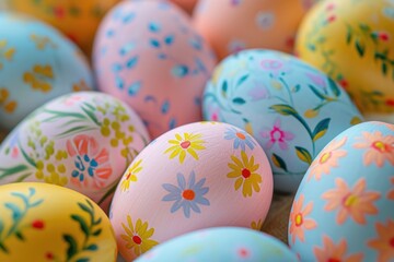 Fototapeta na wymiar Close-up of vibrant, hand-painted Easter eggs with delicate floral patterns, embodying the joyful spirit of spring