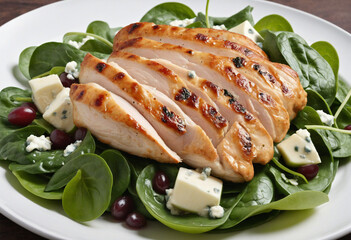 Grilled chicken and spinach salad with apple slices, gorgonzola cheese, and grapes