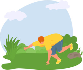 Young adult man stretching in park. Casual attire exercising outdoors. Fitness routine, healthy lifestyle vector illustration.