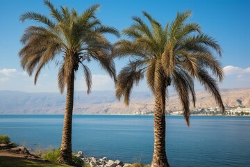 Fototapeta na wymiar February view of palm trees by the Sea of Galilee, Earth's lowest freshwater lake in Tiberias, Israel. Generative AI