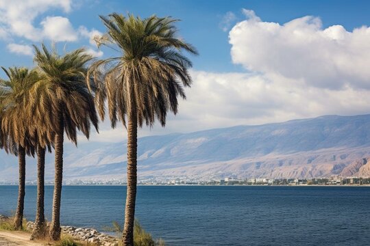February view of palm trees by the Sea of Galilee, Earth's lowest freshwater lake in Tiberias, Israel. Generative AI
