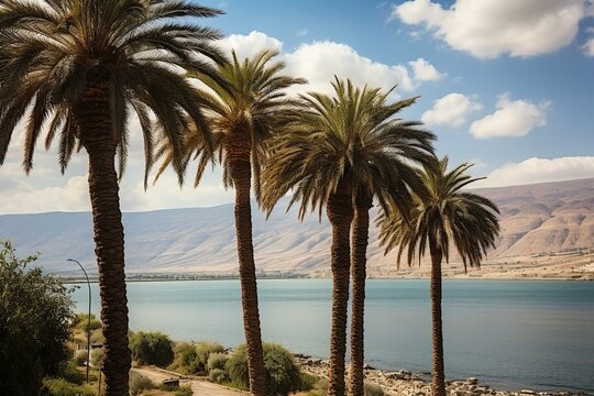 February view of palm trees by the Sea of Galilee, Earth's lowest freshwater lake in Tiberias, Israel. Generative AI