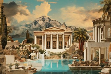 Collage of ancient Greece style mansion artwork for real estate agency. Generative AI - obrazy, fototapety, plakaty