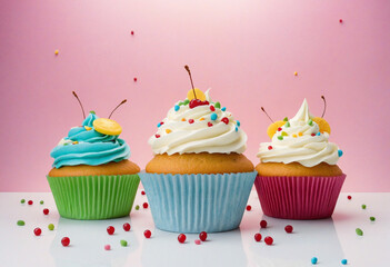 Colorful backdrop with cupcakes. Baking action.