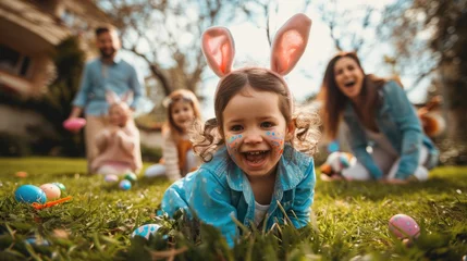 Tuinposter Joyful Child with Bunny Ears hunting easter eggs Outdoors © netrun78