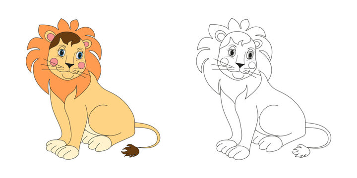 Cute cartoon animal lion line and color illustration. Cartoon vector illustration for coloring book.