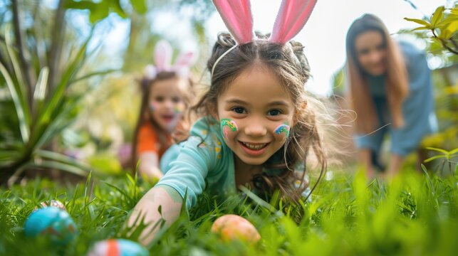 A delighted young girl with bunny ears and face paint smiles during an outdoor Easter egg hunt, with a blurred background of family fun