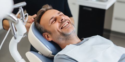 A photo of a handsome adult man client patient at a dental clinic. cleaning and repairing teeth at a dentist doctor. laying on the orthodontic dental chair
