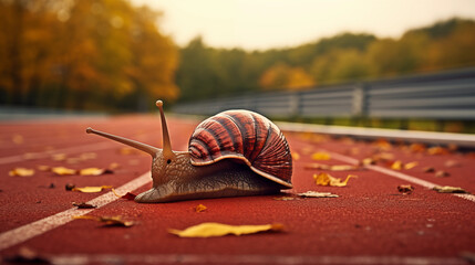 Illustration of a mischievous but persistent snail on an athletic track ready for the race