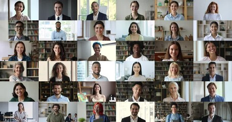 Diverse generation and race people smile look at camera stacked together, collage. Head shot portraits mature and young businesspeople, teen students and freelancers pose indoor, videocall webcam view - Powered by Adobe