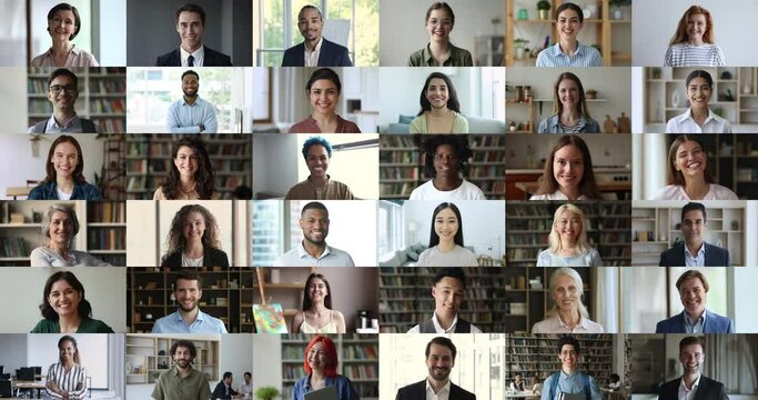 Diverse generation and race people smile look at camera stacked together, collage. Head shot portraits mature and young businesspeople, teen students and freelancers pose indoor, videocall webcam view