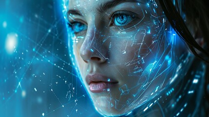 a woman with blue eyes and a futuristic face - obrazy, fototapety, plakaty