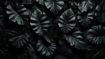 Textures of abstract black leaves for tropical leaf background. Flat lay, dark nature concept, tropical leaf generative ai