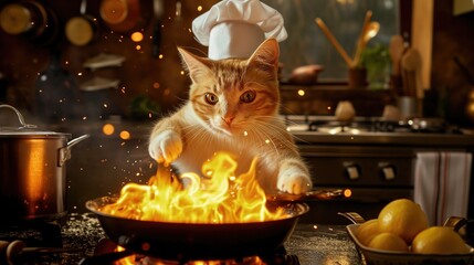 funny ginger cat in a chef's hat stirs a fiery pan in a cozy kitchen setting - obrazy, fototapety, plakaty