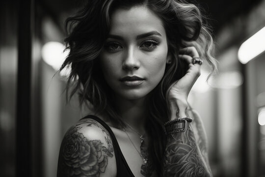 A black and white photo of a woman with a tattoo on her arm