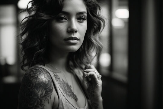 A black and white photo of a woman with a tattoo on her arm