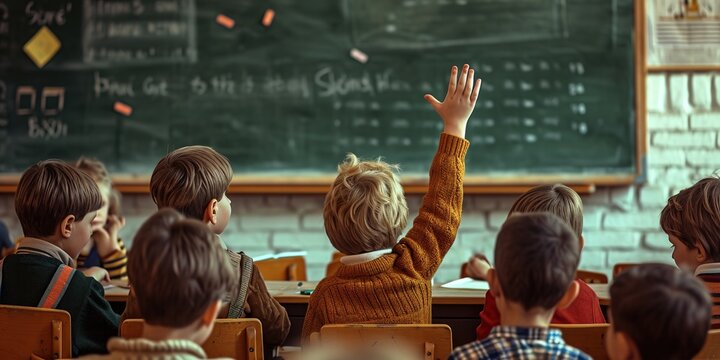 A child in a school class raises his hand to ask the teacher. Scene seen from behind