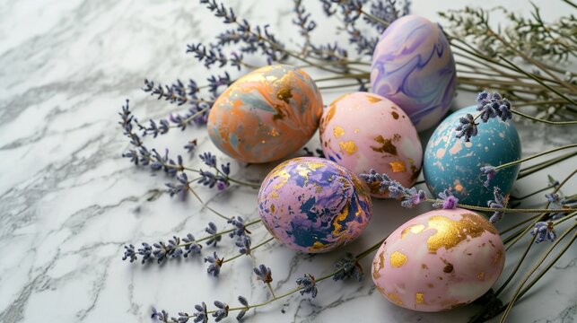 Close-up of glossy, artfully marbled Easter eggs arranged among sprigs of tender lavender, designed with a refined area for text placement.