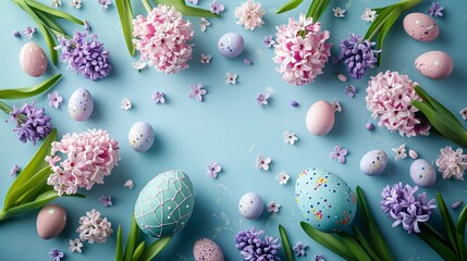 Creative Easter layout with eggs in geometric patterns and surrounded by hyacinths, leaving space for text. Modern and stylish.