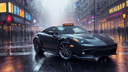 a car is parked on a rainy street
