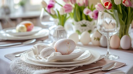 Fototapeta na wymiar Easter brunch table setting with egg centerpieces and spring tulips, leaving a clean area for text. Elegant and detailed.