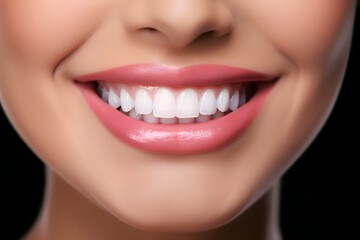 Fototapeta premium Closeup healthy white teeth and pink gum of a woman. Dental care and teeth whitening concept. Oral care dentistry. Beautiful smile. Perfect healthy teeth. Confident dental beauty.