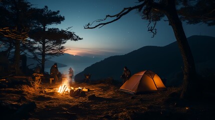 a group of people camping in the mountains at night