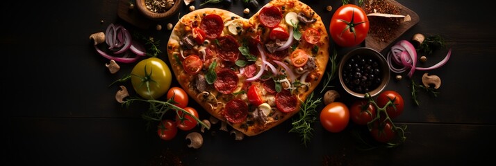 a heart shaped pizza with toppings on a table next to tomatoes - obrazy, fototapety, plakaty
