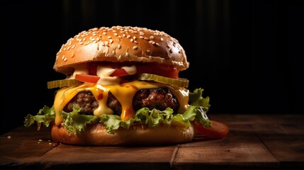 Cheeseburger on a wooden table. Black background. Toned