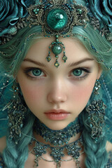 portrait of a woman with teal hair and feathers