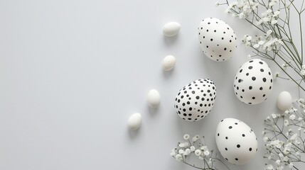Minimalist Easter eggs in monochrome designs, set against a white backdrop with delicate white flowers, designed for text placement. Sharp, clean details.