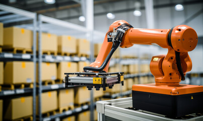 A robotic arm in a warehouse handles parcel logistics, demonstrating innovation and technological advancement. Generative AI