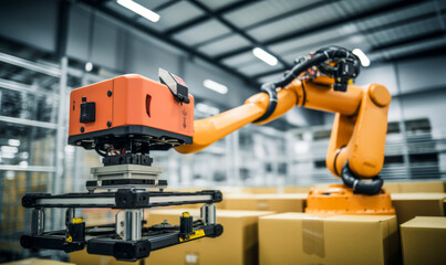 A robotic arm handling parcel logistics in a warehouse, demonstrating innovation and technological progress. Generative AI