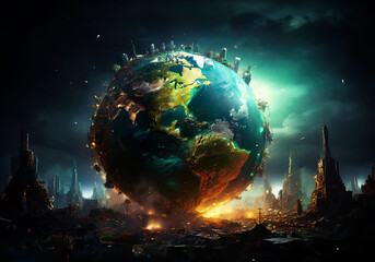 illustration of dramatic scenery about earth that being destruct by pollution - obrazy, fototapety, plakaty