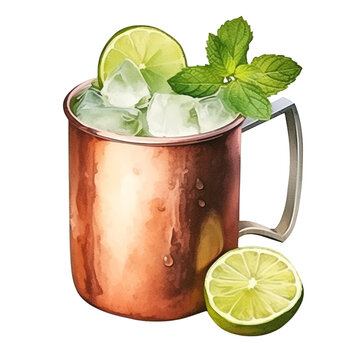 Watercolor Moscow Mule Drink in a Copper Mug with Limes and Mint Leaves