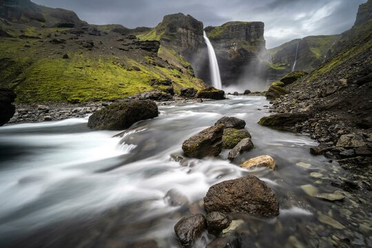 Haifoss and Granni waterfall at a canyon, Fossa i Pjorsardal, with river i Pjorsardal, Hekla, Iceland, Europe