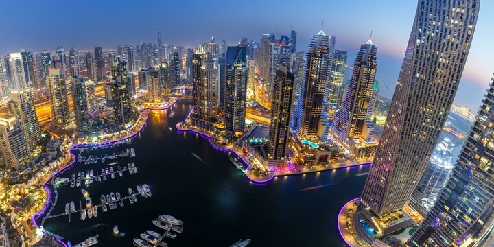 Dubai Marina Harbour Skyline Architecture Holiday Overview by Night Panorama in Dubai, United Arab Emirates, Asia