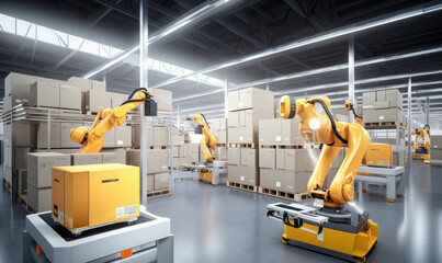Robotic arms that handles parcel logistics in a warehouse, demonstrating innovation and technological advancement. Generative AI