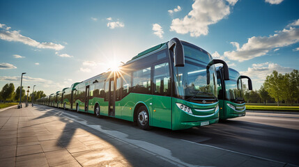 Green bus on the road with sun in the background. Travel concept