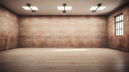 Large spacious empty room with brown brick walls.