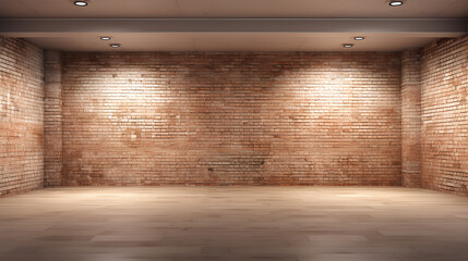 Large spacious empty room with brown brick walls.