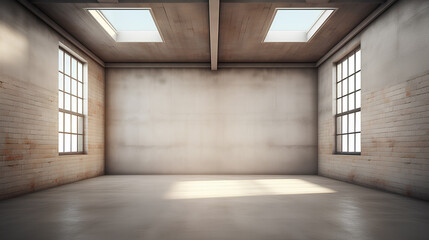 Large spacious empty room with brown brick walls.