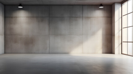 Large spacious empty room with gray concrete walls.