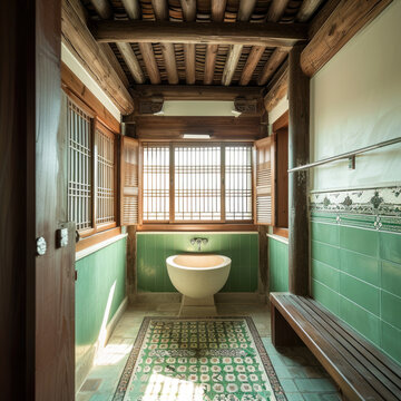 Harmonious Korean Hanok: Green and Beige Bathroom Design