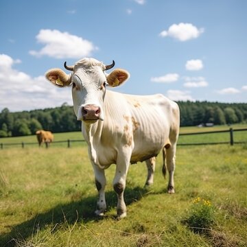 Holstein cow standing in a lush green pasture on a sunny day