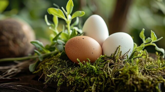 Rustic Easter tableau with brown and white eggs among spring greenery, leaving a natural area for text. Earthy and authentic.